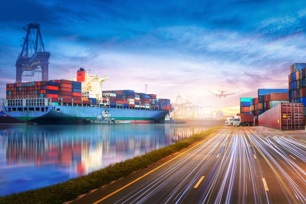 Supply Chain with container shipping, aircraft and trucks